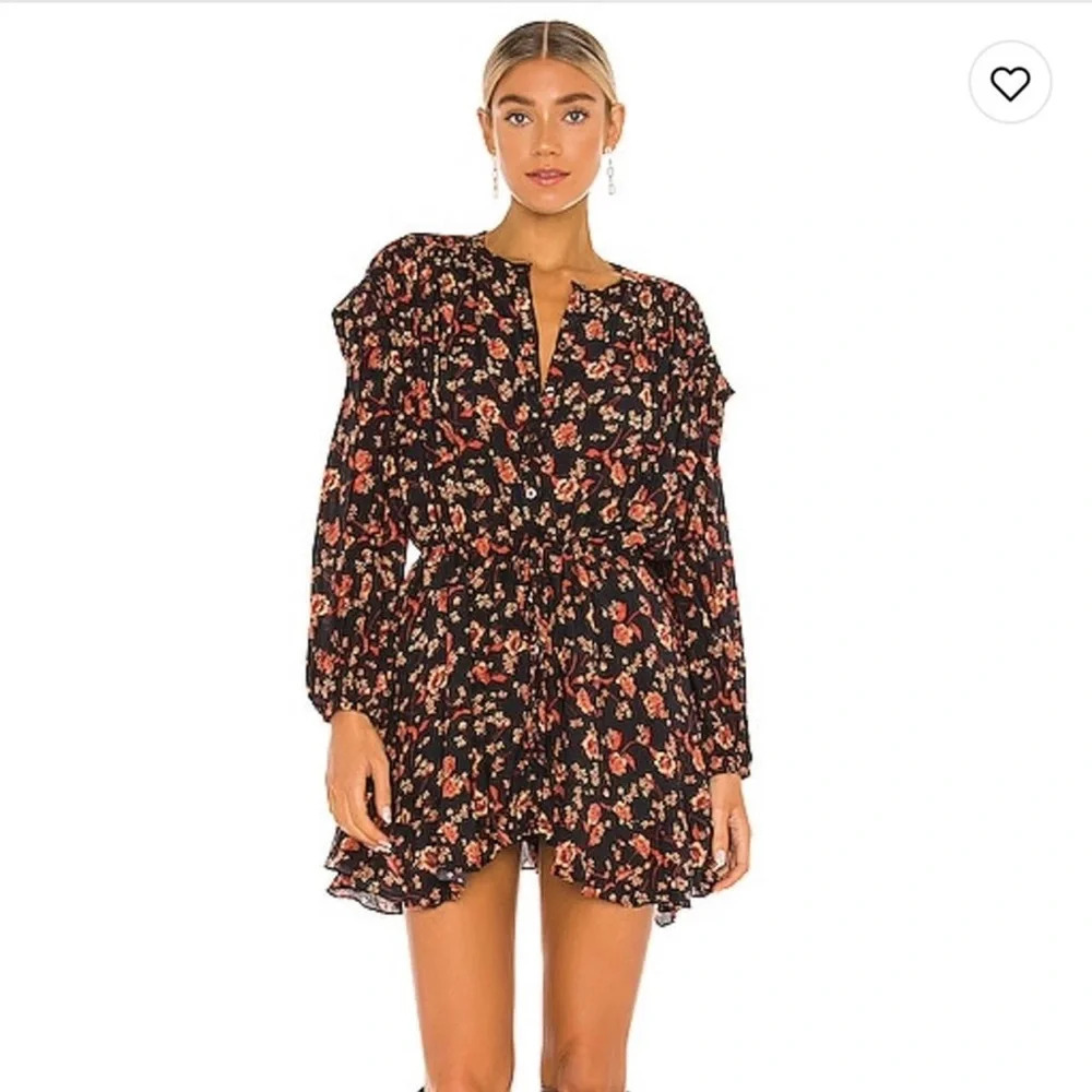 Free People | Flower Fields Black & Orange Floral Print Long Sleeve Mini Dress M